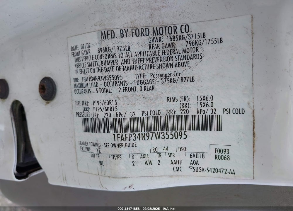 2007 FORD FOCUS S/SE/SES VIN: 1FAFP34N97W355095