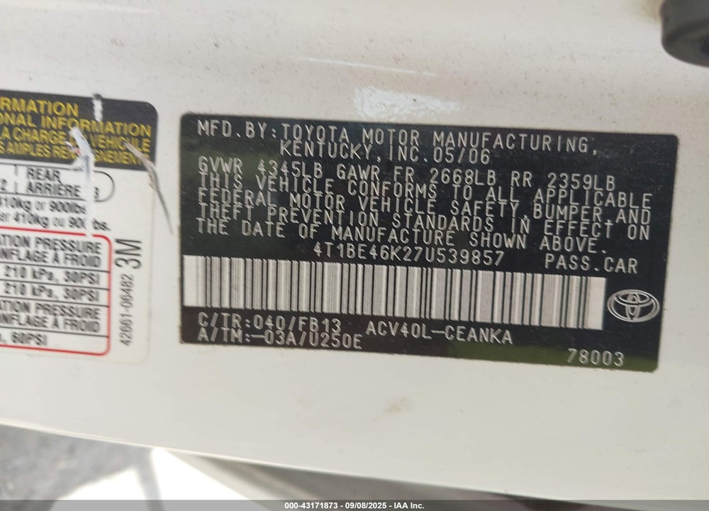 2007 TOYOTA CAMRY VIN: 4T1BE46K27U539857