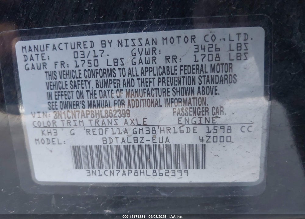2017 NISSAN VERSA VIN: 3N1CN7AP8HL862399