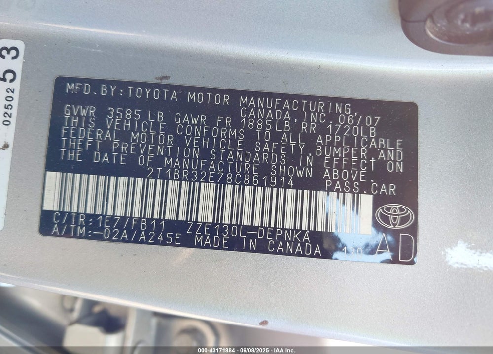 2008 TOYOTA COROLLA VIN: 2T1BR32E78C861914