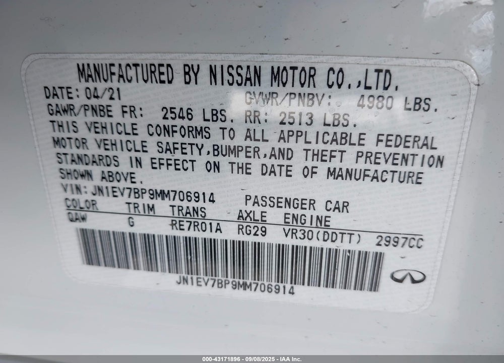 2021 INFINITI Q50 VIN: JN1EV7BP9MM706914