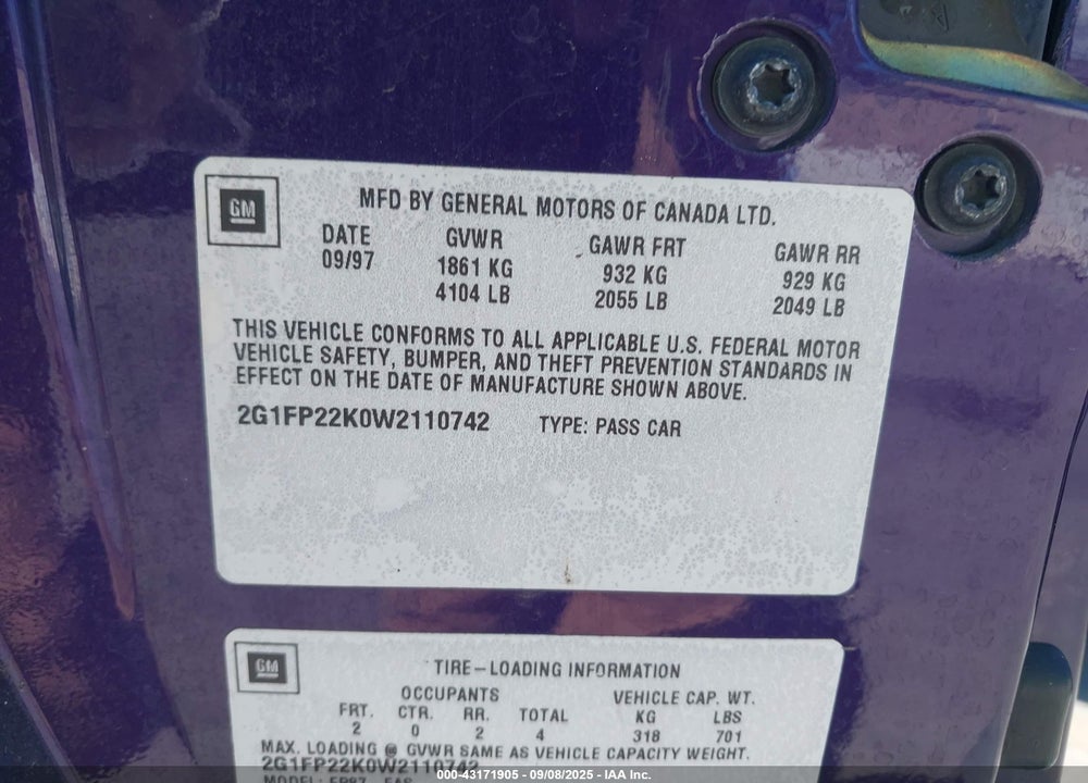 1998 CHEVROLET CAMARO VIN: 2G1FP22K0W2110742