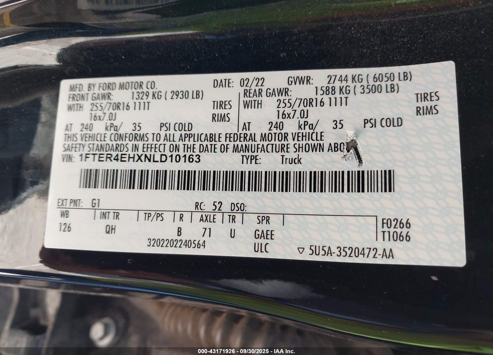 2022 FORD RANGER VIN: 1FTER4EHXNLD10163