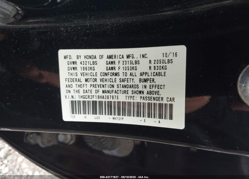 2017 HONDA ACCORD VIN: 1HGCR2F18HA087975