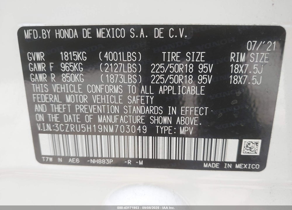 2022 HONDA HR-V 2WD SPORT VIN: 3CZRU5H19NM703049