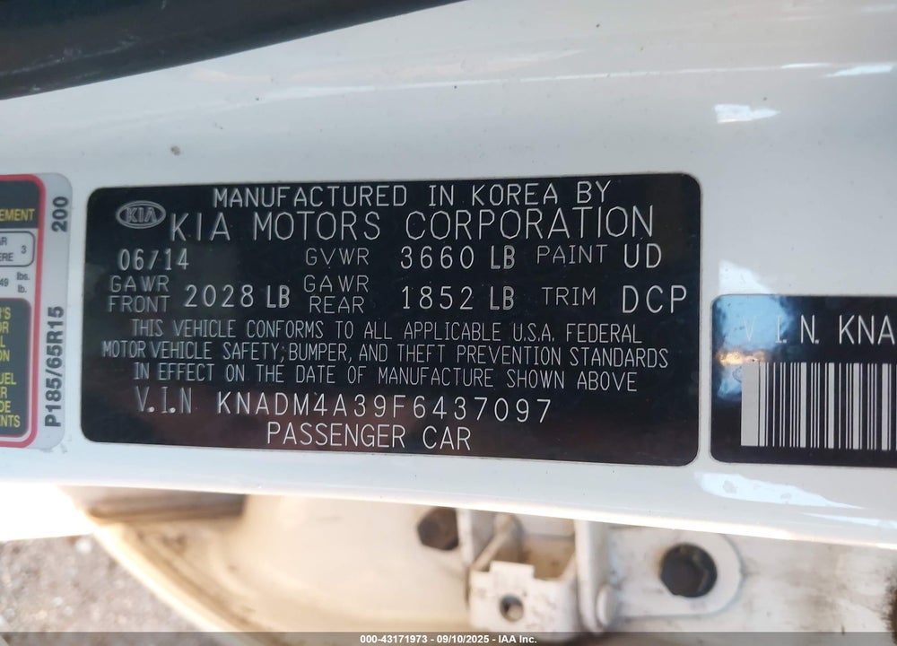 2015 KIA RIO VIN: KNADM4A39F6437097