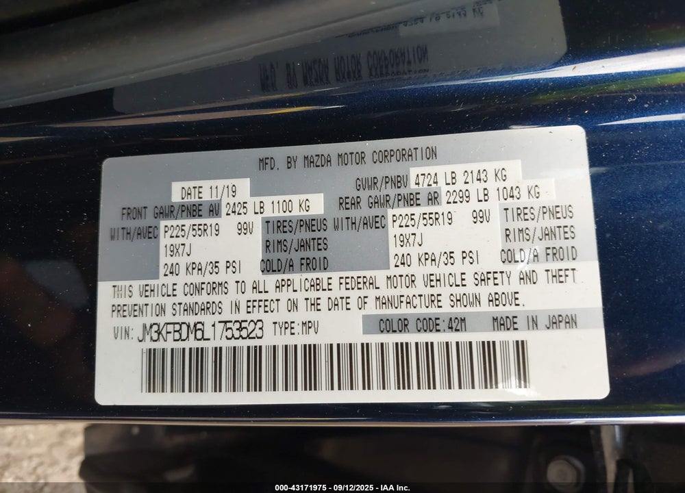 2020 MAZDA CX-5 VIN: JM3KFBDM6L1753523