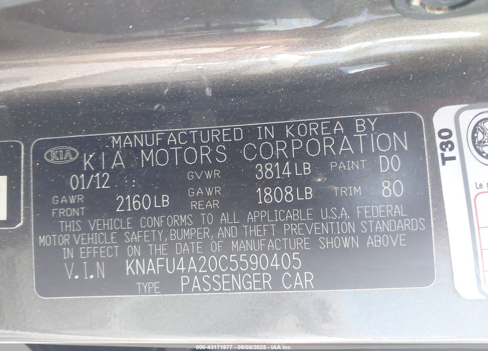 2012 KIA FORTE VIN: KNAFU4A20C5590405