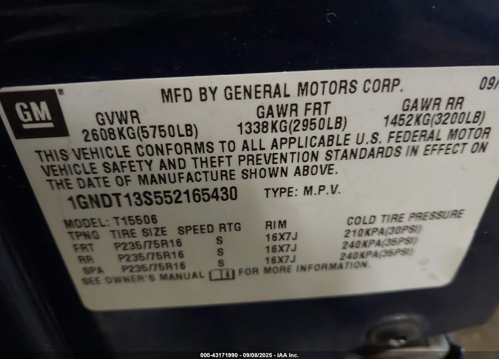 2005 CHEVROLET TRAILBLAZER LS VIN: 1GNDT13S552165430