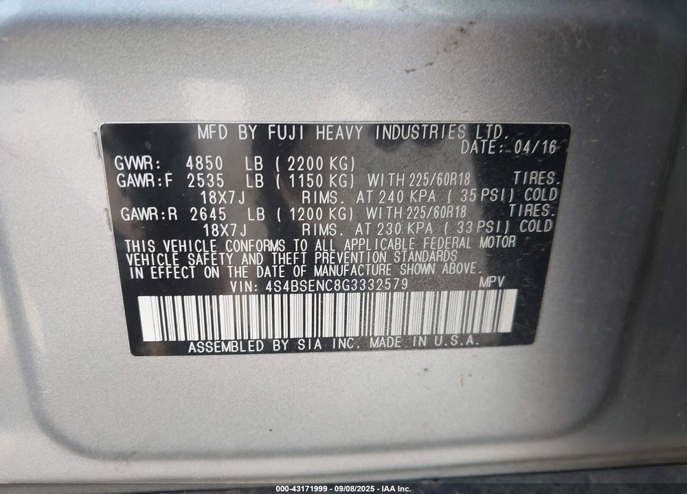 2016 SUBARU OUTBACK VIN: 4S4BSENC8G3332579