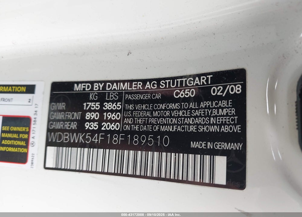 2008 MERCEDES-BENZ SLK 280 VIN: WDBWK54F18F189510