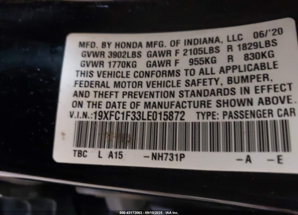 2020 HONDA CIVIC EX VIN: 19XFC1F33LE015872