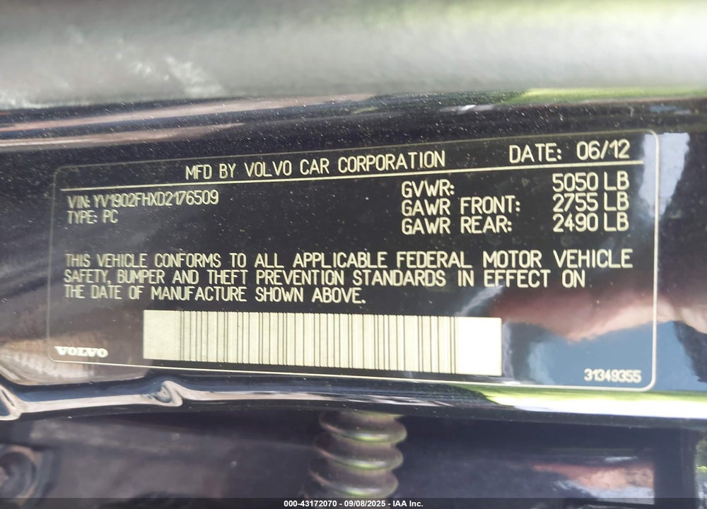 2013 VOLVO S60 VIN: YV1902FHXD2176509