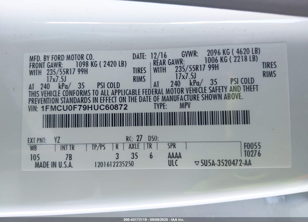 2017 FORD ESCAPE VIN: 1FMCU0F79HUC60872