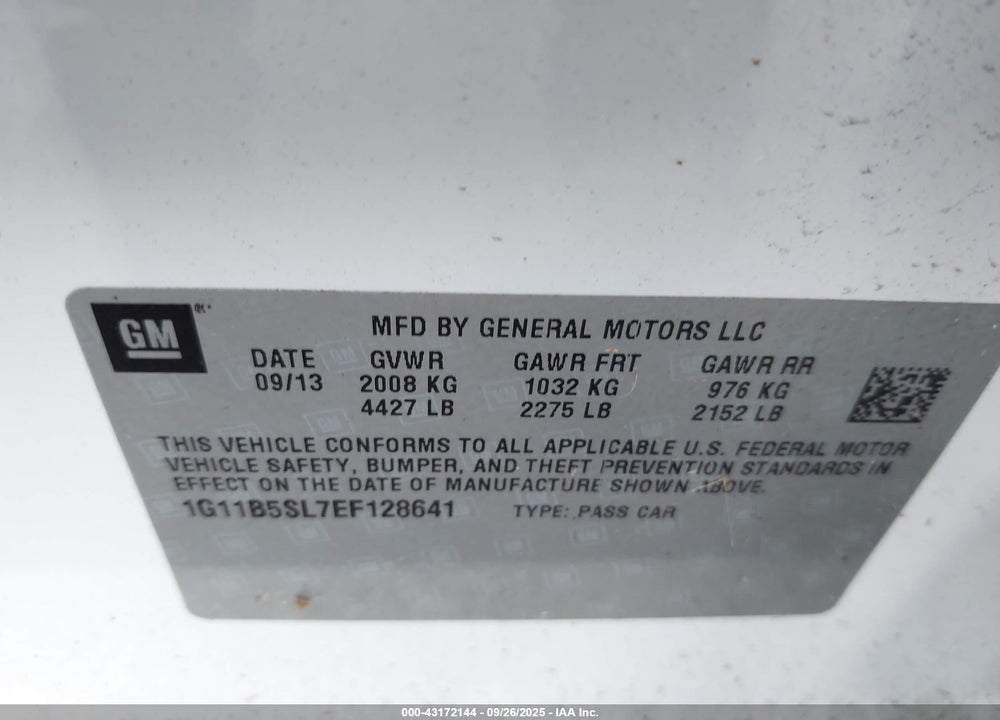 2014 CHEVROLET MALIBU VIN: 1G11B5SL7EF128641