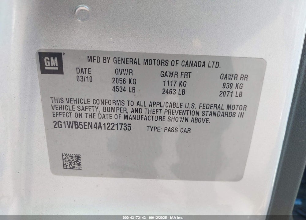 2010 CHEVROLET IMPALA VIN: 2G1WB5EN4A1221735