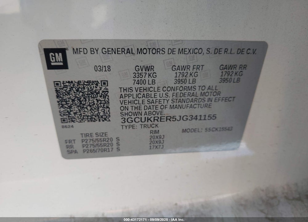 2018 CHEVROLET SILVERADO 1500 VIN: 3GCUKRER5JG341155