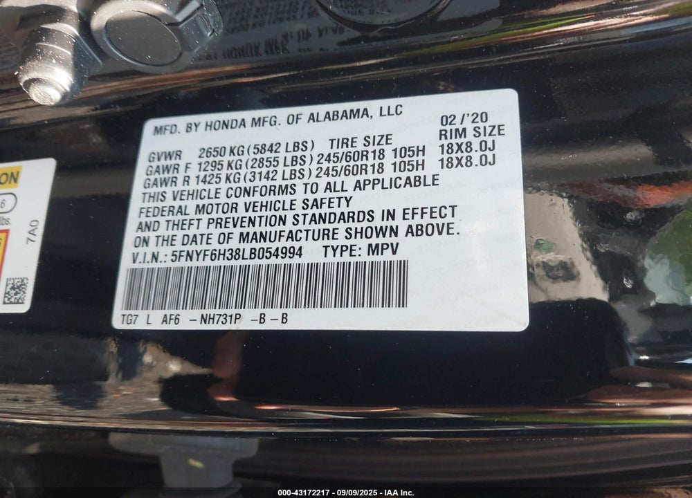 2020 HONDA PILOT VIN: 5FNYF6H38LB054994
