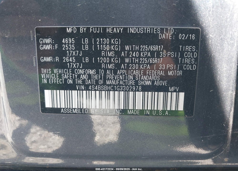 2016 SUBARU OUTBACK VIN: 4S4BSBHC1G3302978