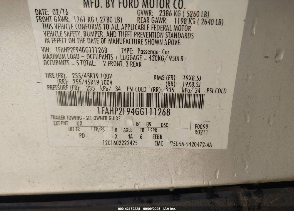 2016 FORD TAURUS VIN: 1FAHP2F94GG111268