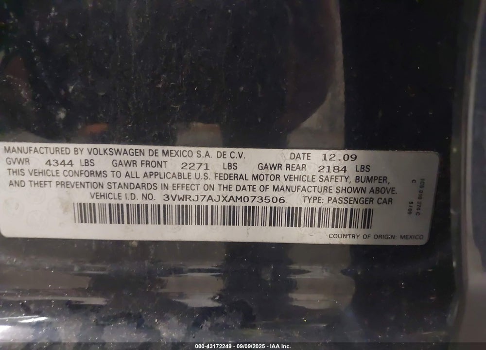 2010 VOLKSWAGEN JETTA VIN: 3VWRJ7AJXAM073506