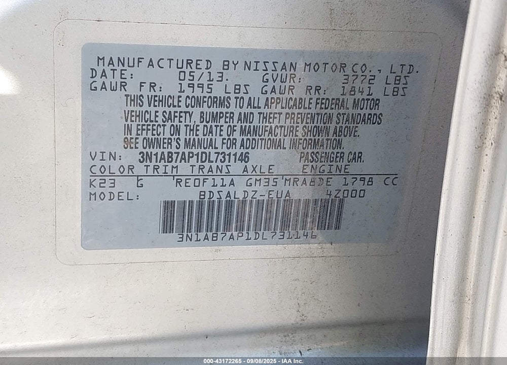 2013 NISSAN SENTRA SV VIN: 3N1AB7AP1DL731146
