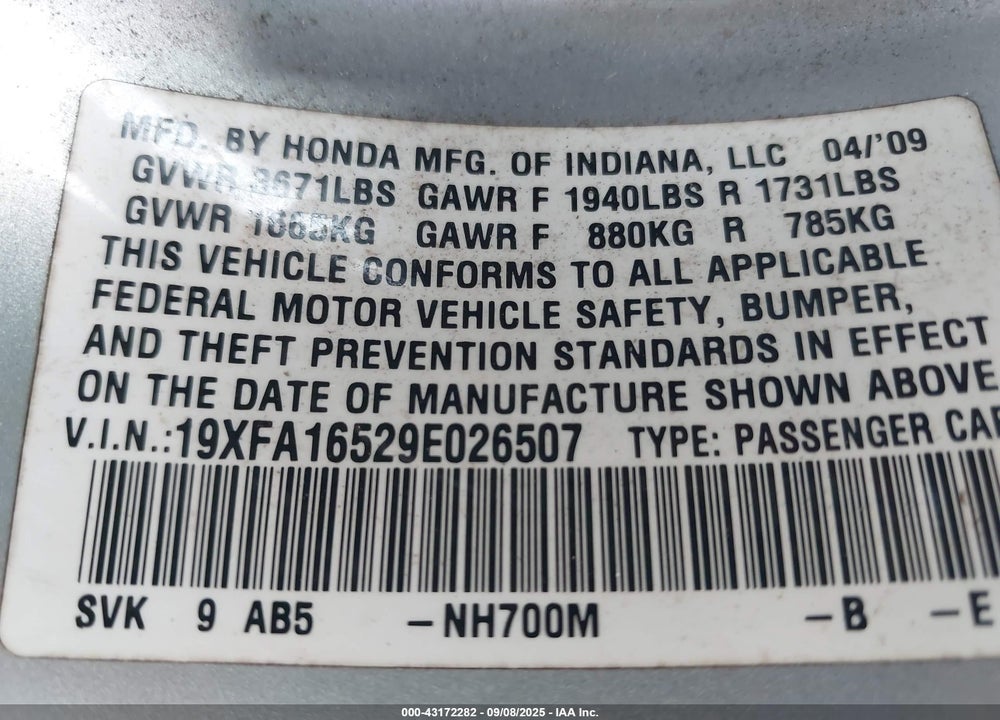 2009 HONDA CIVIC VIN: 19XFA16529E026507