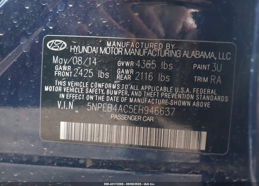 2014 HYUNDAI SONATA VIN: 5NPEB4AC5EH946637