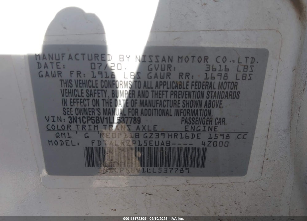 2020 NISSAN KICKS S XTRONIC CVT VIN: 3N1CP5BV1LL537789