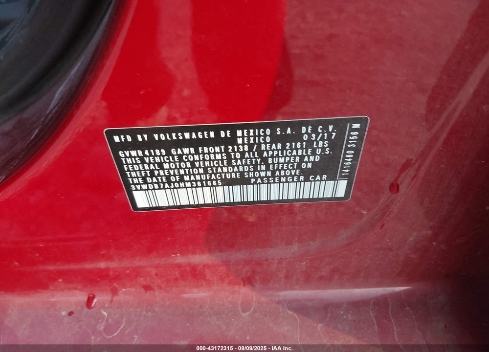 2017 VOLKSWAGEN JETTA VIN: 3VWDB7AJ0HM361665