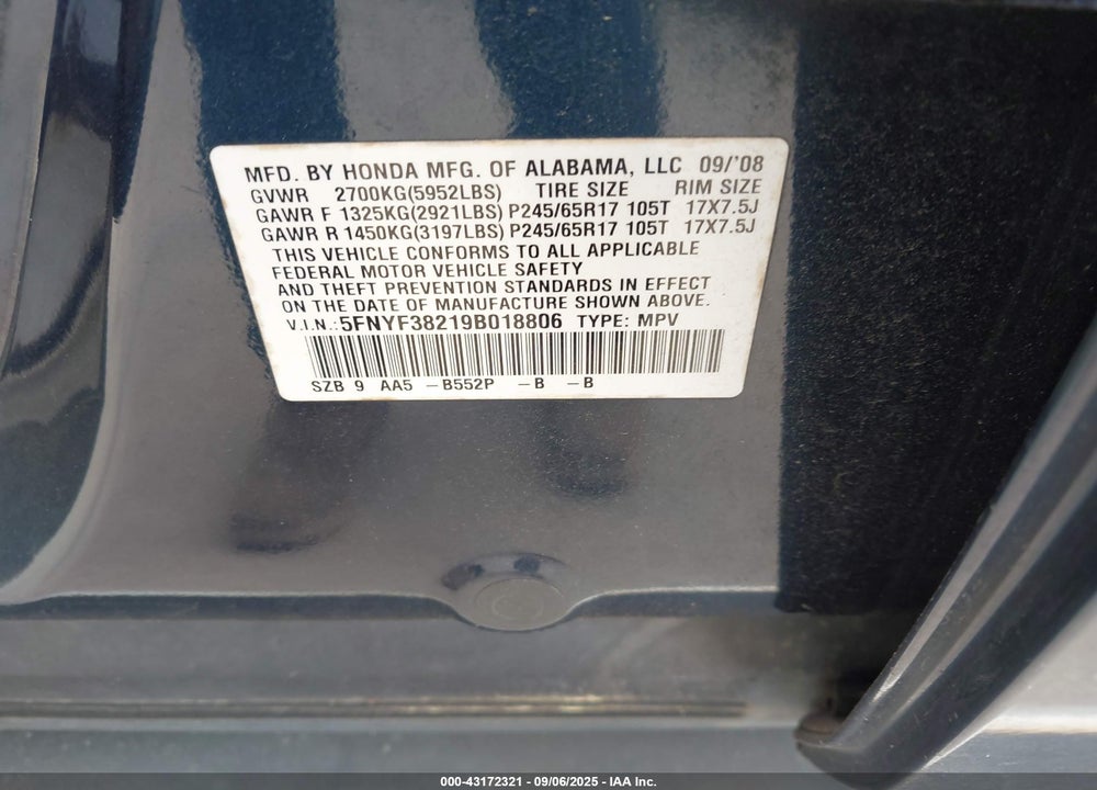 2009 HONDA PILOT VIN: 5FNYF38219B018806