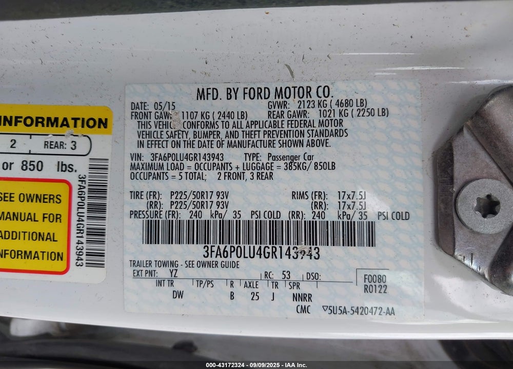 2016 FORD FUSION VIN: 3FA6P0LU4GR143943