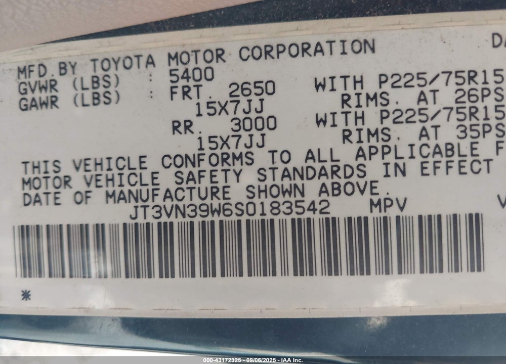 1995 TOYOTA 4RUNNER VN39 SR5 VIN: JT3VN39W6S0183542