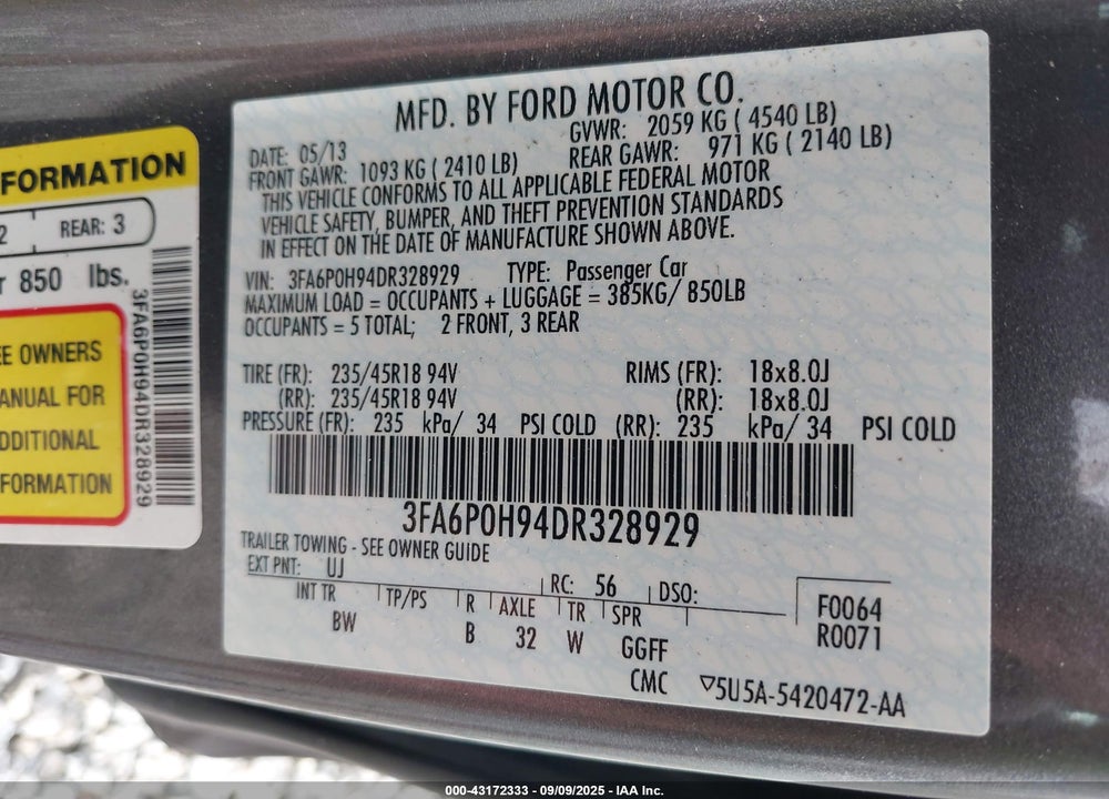 2013 FORD FUSION VIN: 3FA6P0H94DR328929