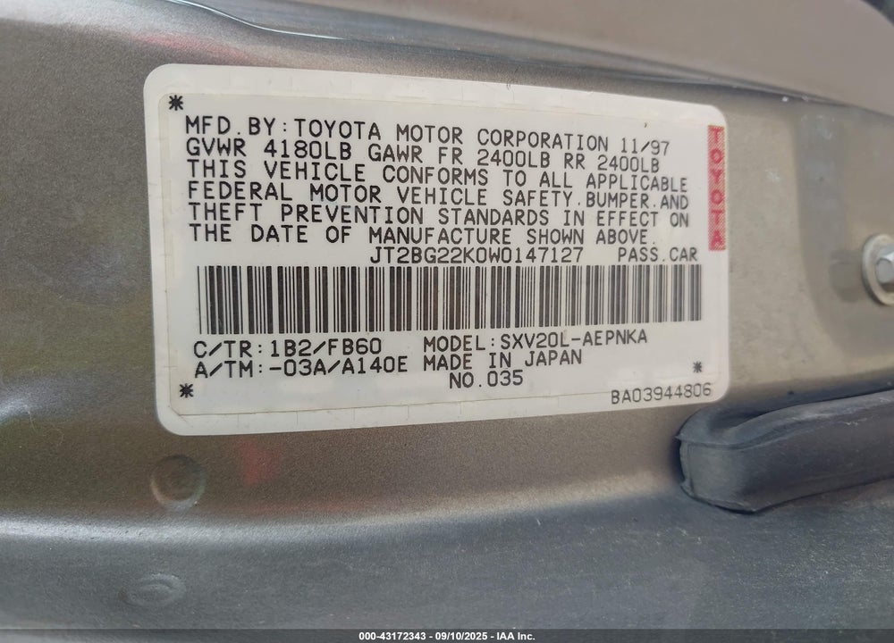 1998 TOYOTA CAMRY LE VIN: JT2BG22K0W0147127