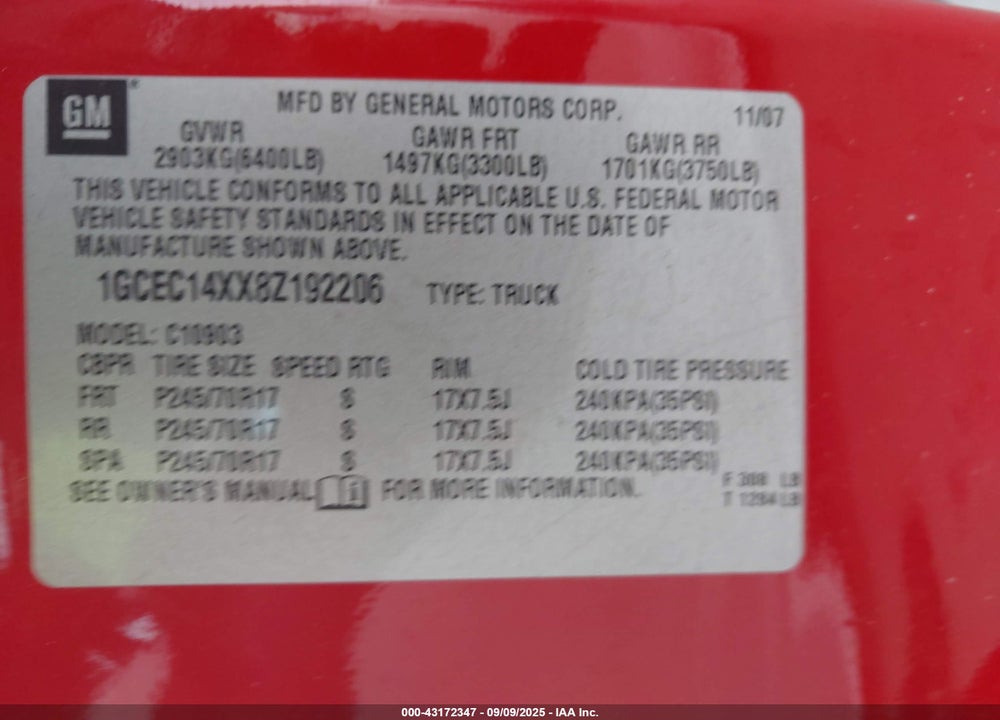 2008 CHEVROLET SILVERADO 1500 WORK TRUCK VIN: 1GCEC14XX8Z192206