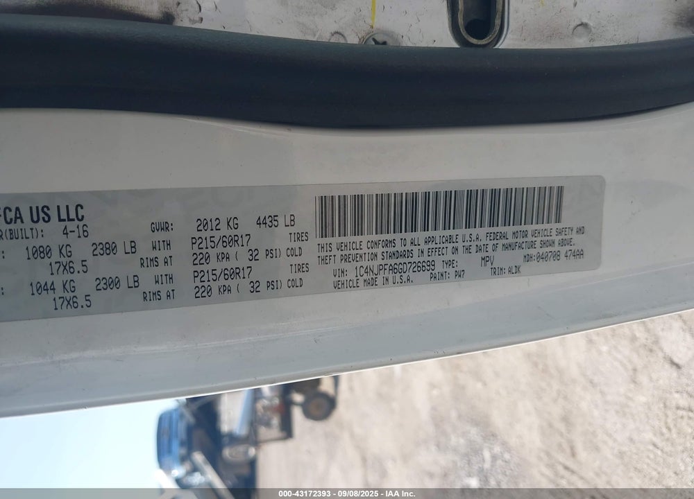 2016 JEEP PATRIOT VIN: 1C4NJPFA6GD726699