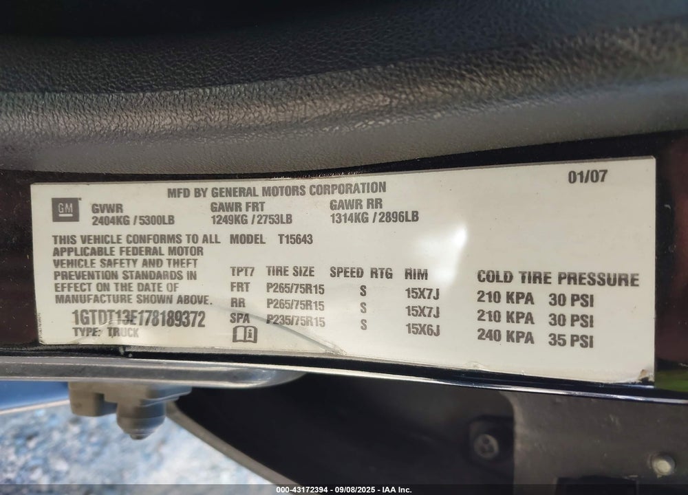 2007 GMC CANYON SLE2 VIN: 1GTDT13E178189372
