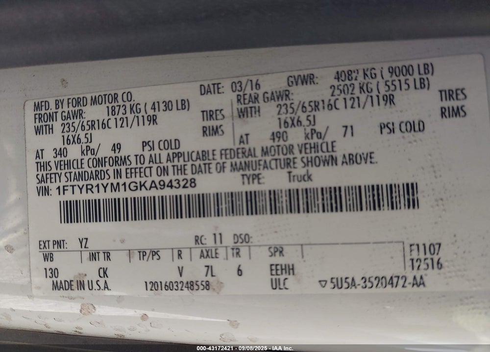 2016 FORD TRANSIT-250 VIN: 1FTYR1YM1GKA94328
