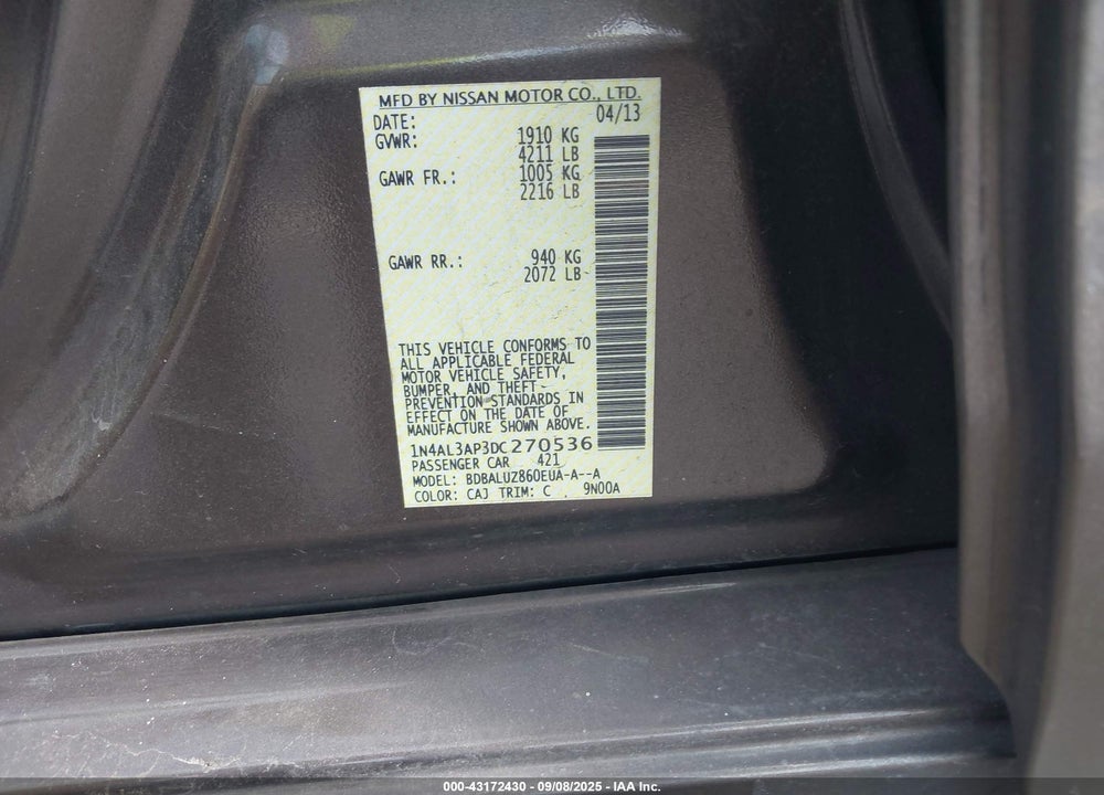 2013 NISSAN ALTIMA 2.5 SV VIN: 1N4AL3AP3DC270536