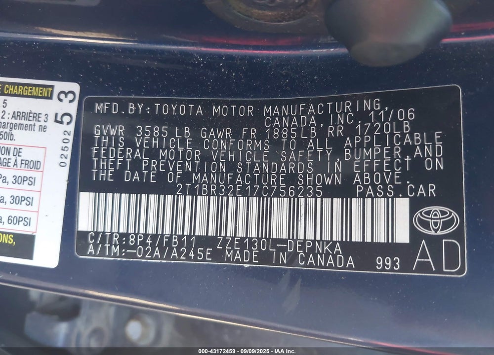 2007 TOYOTA COROLLA LE VIN: 2T1BR32E17C756235
