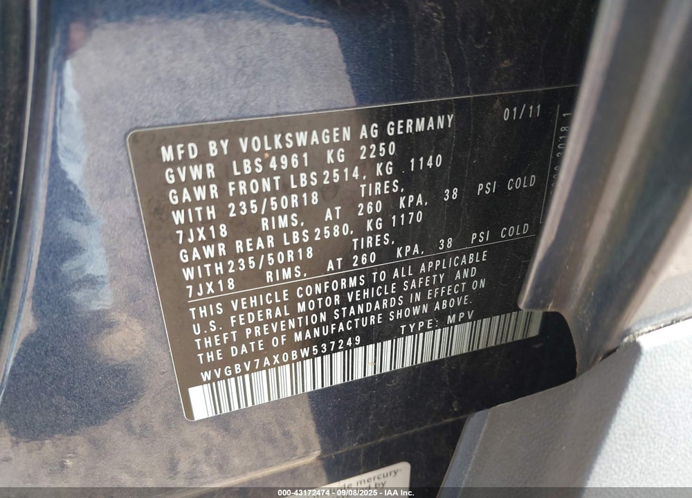 2011 VOLKSWAGEN TIGUAN VIN: WVGBV7AX0BW537249