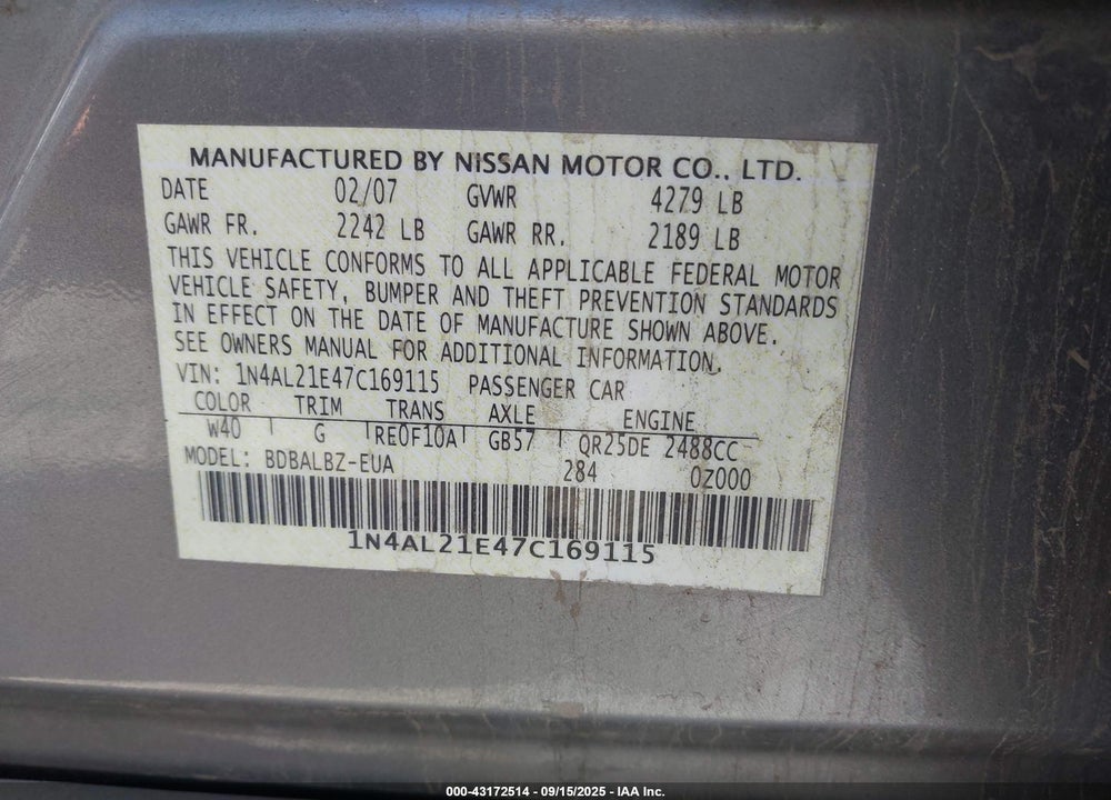 2007 NISSAN ALTIMA VIN: 1N4AL21E47C169115