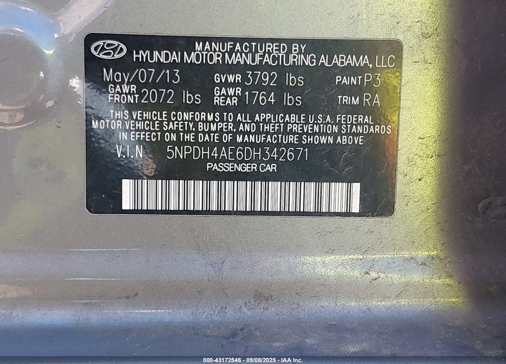 2013 HYUNDAI ELANTRA VIN: 5NPDH4AE6DH342671
