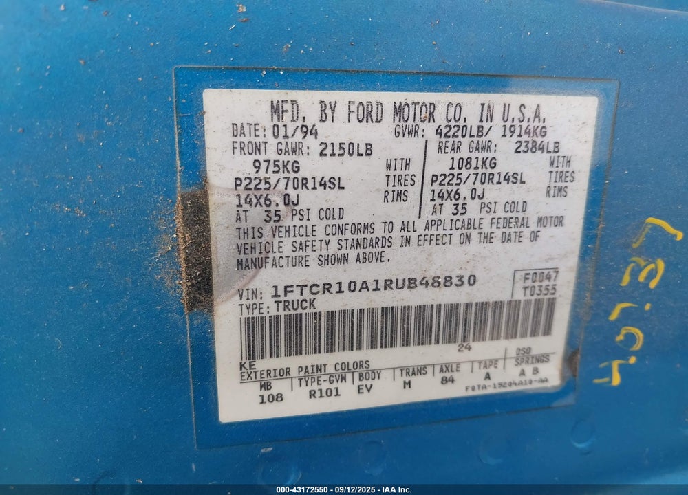 1994 FORD RANGER VIN: 1FTCR10A1RUB48830