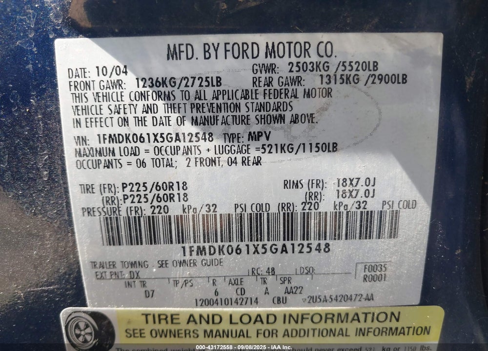 2005 FORD FREESTYLE LIMITED VIN: 1FMDK061X5GA12548