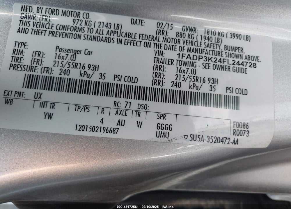 2015 FORD FOCUS VIN: 1FADP3K24FL244728