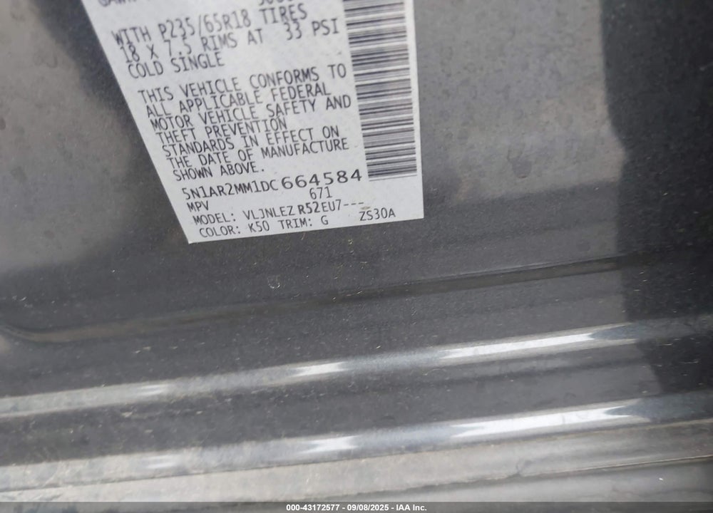 2013 NISSAN PATHFINDER SV VIN: 5N1AR2MM1DC664584