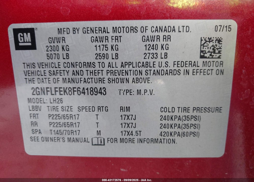 2015 CHEVROLET EQUINOX VIN: 2GNFLFEK8F6418943