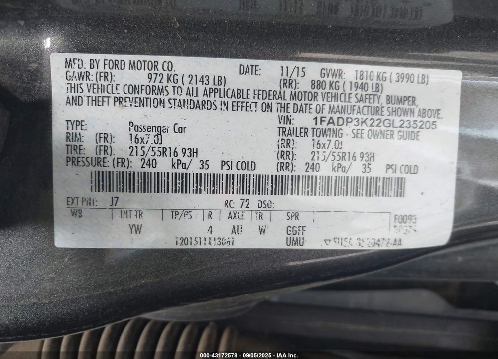 2016 FORD FOCUS VIN: 1FADP3K22GL235205